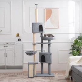 SPOFLYINN Cat Tree for Indoor Cats 105" Tall Cat Tower Multi-Level Cat Condo with 3 Perches 2 Caves Cozy Basket Scratching Board Pet Supplies Gray