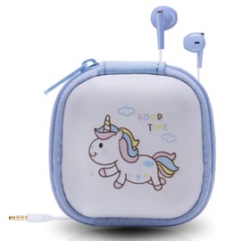 DTMNEP Kids Earbuds for Back to School with Cute Earphones Storage Case, Unicorn Earbuds for Kids in-Ear Headphone of Electronics Wired 3.5 mm with Mic, Lovely Gifts for School Girls and Boys (Blue)