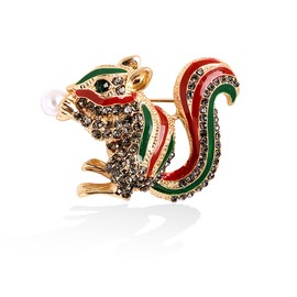 Cute Squirrel Brooch Pin for Women Colored Enamel Crystal Pearl Squirrel Brooch Lapel Pin Fashion Animal Brooch Accessories Clothes Bags Hats Suits Clothing Jewelry Accessories (Red)