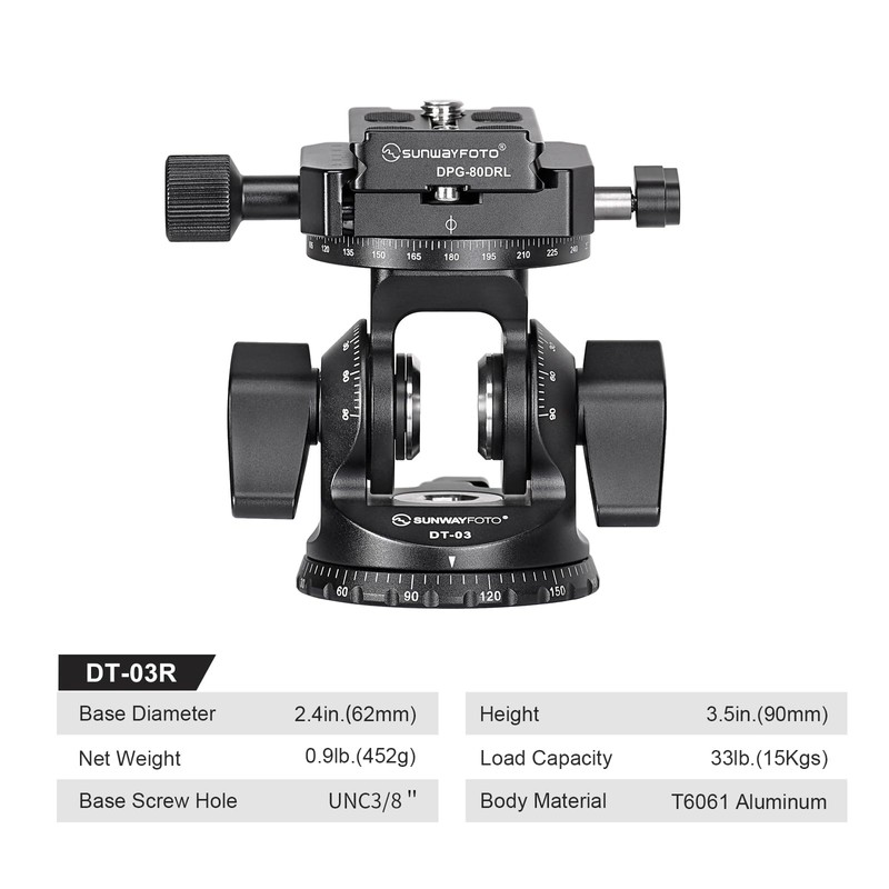 SUNWAYFOTO DT-03R Two-Way Tilting Head for Monopod and Tripod with