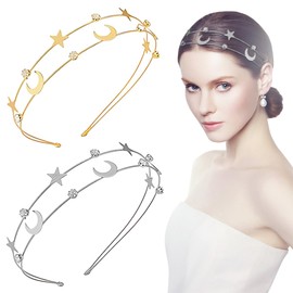 2 Stück Fünfzackige Sterne Mond Haarreifen mit Strass, Gold und Silber, Elegante Stern-Haarreif, Bequem und Haltbar, MäDchen Haarschmuck für Damen, Feste, Alltag, Hochzeit, Geburtstag