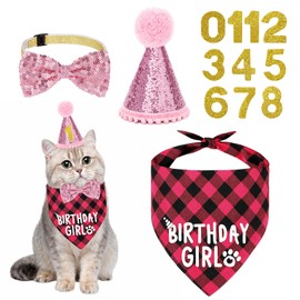 Cat Birthday Hat Bandana Set, Pink Kitten Party Decorations with Collar Pet Celebration Outfits for Birthdays