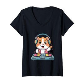 Womens Dj Hamster On Decks Spinning Fun Beats V-Neck T-Shirt
