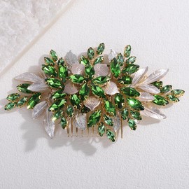 Lenjicons Vintage Flower Leaf Green Rhinestone Hair Comb Golden Flower Leaf Wedding Headpiece Rhinestone Wedding Hair Comb Teardrop Crystal Bridal Headpiece for Women (green)