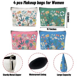 4 Pack Vintage Beach Coastal Seashells Makeup Bag, Travel Essentials Cosmetic Bags for Women, Bachelorette Party Travel Toiletry Bag Farewell Birthday Graduation Christmas Summer Vacation Girls Trip