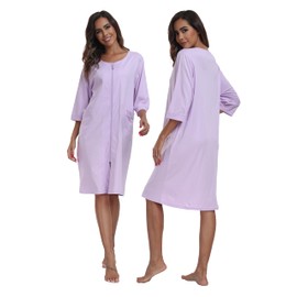 CF Women's 100% Cotton Zipper Robes 3/4 Sleeve Loungewear Knee Length Housecoat Lightweight Zip Up Nightgowns with Pockets(Light Purple,M)