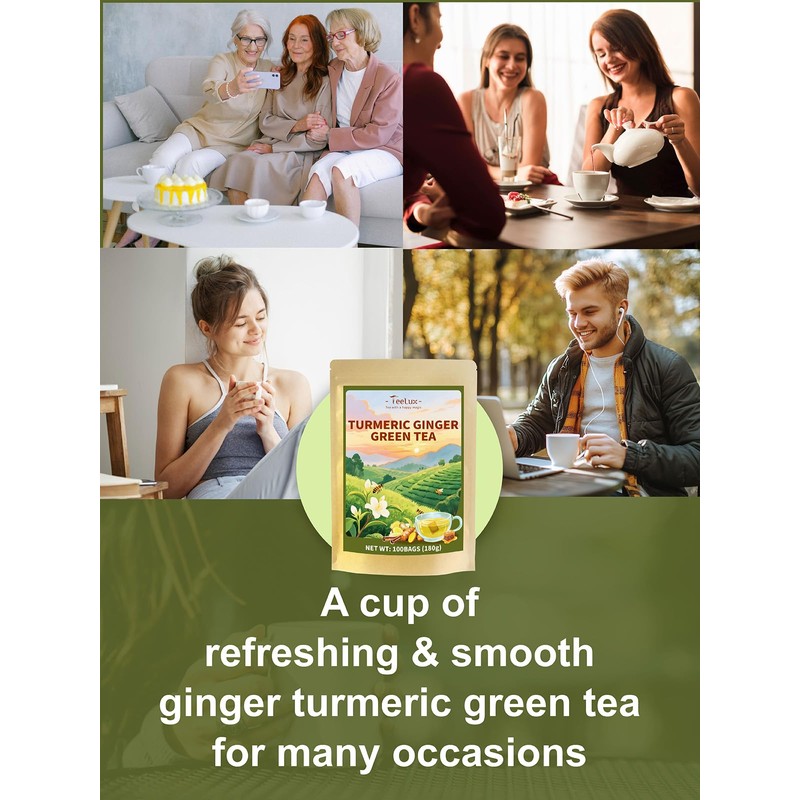 TeeLux Ginger Turmeric Green Tea Bags, Smooth Steamed Green Tea