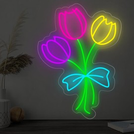 Tulip Bouquet Neon Sign, Flower Plant Sign, Floral Wall Art, Home Wall Bar Salon Decor, Flower Shop Decoration, Gift For Her,16.5"x12", Ice Blue Bow