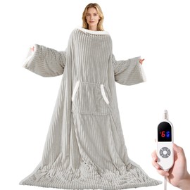 Heated Wearable Electric Blanket with Sleeves & Foot Pocket, Stripe Fleece Sherpa, 6 Heat Levels 12H Timer Setting, Over-Heat Protection, Machine Washable, 52x72 Inches Gray for Office/Home/Gift