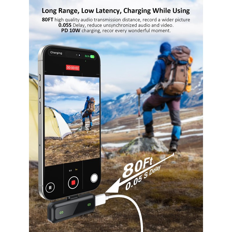 Wireless Lavalier Microphone for iPhone 5-14 Series, LED Display Mini