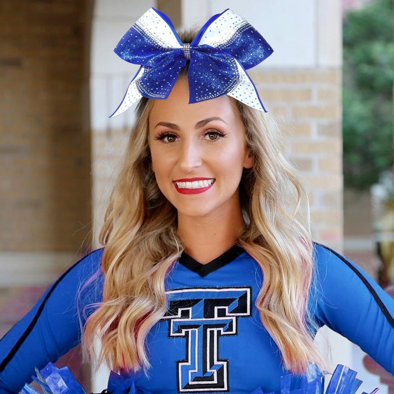 6PCS Large Glitter Cheer Bows Royal Blue and White 8"