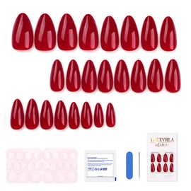 THCEVRLA Nail Tips - Red Almond Nail Tips Short Solid Color Basic Model Fake Nail Gel, Tool Kit Included, 24 Pieces