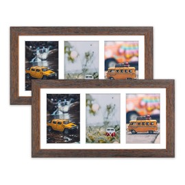 Golden State Art, Set of 2, 7x14 Distressed Brown Wood Frame - 3-Opening White Mat for 4x6 Pictures - Portrait or Landscape Wall Mounting - Sturdy And Easy To Install - Real Glass