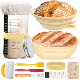 Sourdough Starter kit Bread Baking Supplies,34oz Sourdough Starter Jar, 9 Inch Round + 10 Inch Oval Silicone Bowl,Thermometer,Feeding Time Tracker,Metal Scraper,Durable Complete Sourdough Starter Kit