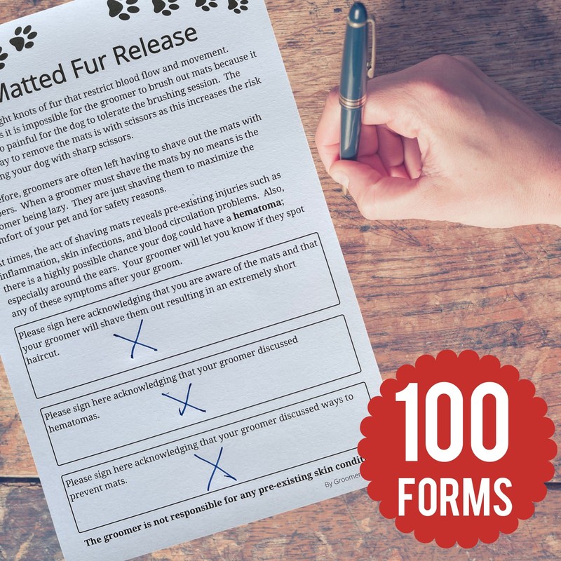 Matted Fur Release Forms for Dog Grooming Salons (Pad of