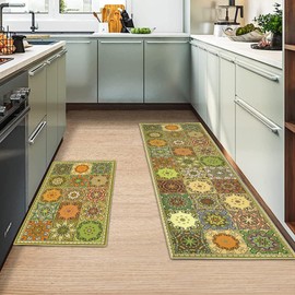 Kitchen Rug 2 Piece Set,Non-Slip Absorbent and Washable Runner Rug,Geometric Kitchen Floor Mat for Kitchen, Home, Office, Sink, Laundry (E, 43x150cm+43x75cm)