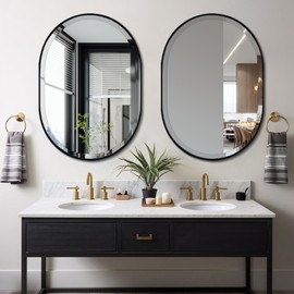 POZINO Oval Beveled Mirror, 24"x36" Bathroom Mirror for Over Sink, Rounded Rectangle Mirrors, Modern Oblong Vanity Wall Mirrors in Premium Stainless Steel Frame Hangs Horizontal Or Vertical