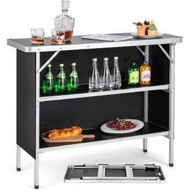 Goplus Folding Camping Table, Portable Pop-Up Bar Table with 2-Tier Storage Shelves, Removable Cloth Cover, Aluminum Foldable Camp Table for Picnic, Tailgate, Party, Travel, Outdoor