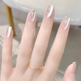 ALLEVG Nail Tips, Set of 30, White Moon, Magnetic Type, Fake Nails, Cat Eye Stone, Glossy, Japanese Style, Cute, Simple, Nail Tip, Short, Popular, Fake Nails, Short, Cute, Spring, Summer, Autumn, Winter