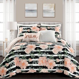 Lush Decor Amara Watercolor Rose 5 Piece Quilt Set, Black & Dusty Rose, King