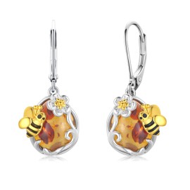 Hypoallergenic Bee Earrings Sterling Silver Amber Teardrop Leverback Earrings Honey Bee Drop & Dangle Earrings Bee Jewellery Gifts for Women Girls, Sterling Silver, Amber