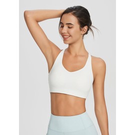 BALEAF Nuleaf Women's Strappy Sports Bra Longline Wirefree Padded Yoga Workout Crop Tops Criss-Cross Back Light Impact Fit, White, X-Small