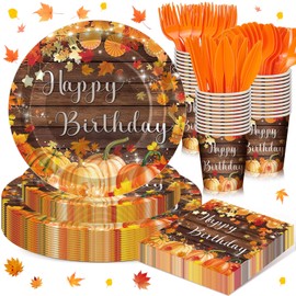 Sunnychicc 168 Pcs Fall Birthday Decorations Autumn Themed Party Supplies Maple Leaves Pumpkin Tableware Set Disposable Paper Plates Cups Utensils for Birthday Baby Shower Party Serve 24