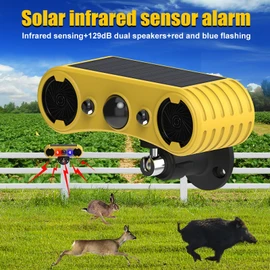 Solar Sound Strobe Motion Sensor Alarm,WONFAST LED Red Blue Flashing Warning Light Outdoor,129db Dual Speaker Loud Noise Maker,13 Sounds Security Alert System for Farm Yard Orchard Barn (2Pack)