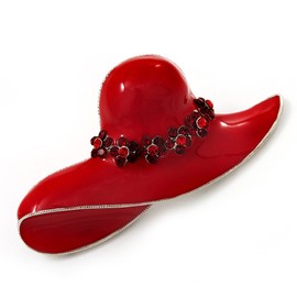 Red Enamel Crystal 'Hat' Brooch In Rhodium Plated Metal