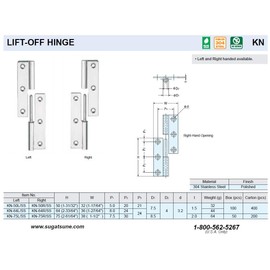Sugatsune KN-75R/SS Lift Off Hinge, Stainless Steel 304, Polished Finish, Right Handedness, 2mm Leaf Thickness, 38mm Open Width, 8.5mm Pin Diameter