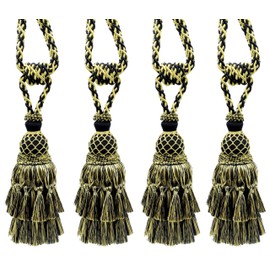DÉCOPRO Lavish Large Curtain & Drapery, Hand Crafted Tassel Tieback, Tassel Length 11" (27.5cm), 34" (86cm) # TBIL1, Golden Medley Black #K9C4 (Pure Black, Yellow Gold, Light Gold) Set of 4