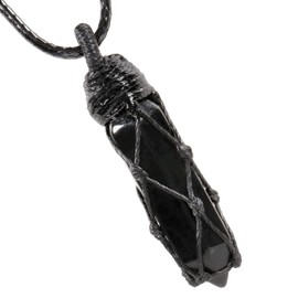 KYEYGWO Healing Crystal Stone Point Pendant Necklace for Men and Women, Crystal Hexagonal Pendant Reiki Healing Chakra Stone Necklace with Adjustable Wax Cord, Black Obsidian