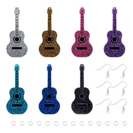 Craftdady 14Pcs Classic Guitar Earring Pendant Making Kit Colorful Acrylic Glitter Powder Guitar Charms with Jump Rings and Hooks Music Instrument Dangle Charms for DIY Music Lovers Jewelry Making