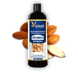 100% Pure Natural Cold Pressed Organic Sweet Almond Oil Carrier oil for Skin, Face, Body and Hair Massage Oil. Non GMO, Kosher & vegan Certified. 480 ml