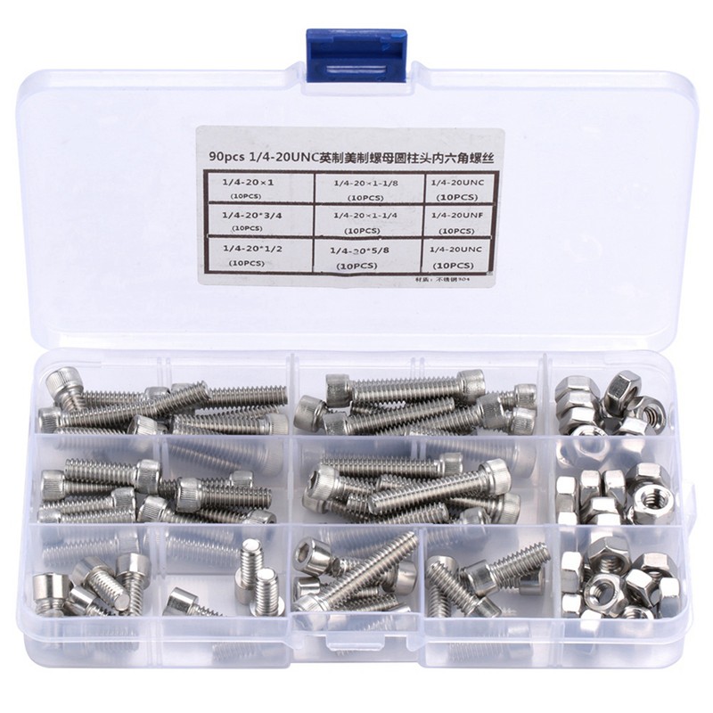 90pcs 1/4-20UNC Stainless Steel Hex Socket Cap Head Bolts Hex