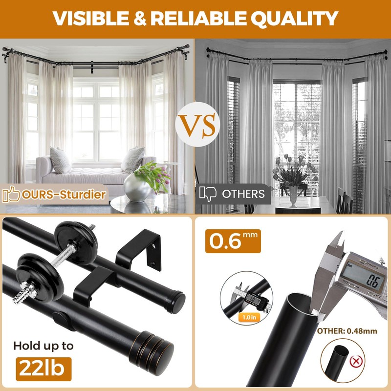 HOTOZON 1 Inch Heavy Duty Double Bay Window Curtain Rod,
