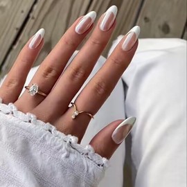 24PCS Press On Nails, Mirror Metal Stiletto Fake Nails, Almond Medium Shape, Stick on Nails, Glue on Nails False Nails (Aurora White Tip)