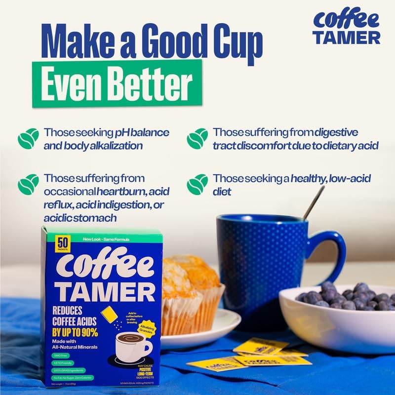 Coffee Tamer Acid Reducer – 50 Packets – Transforms Regular