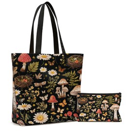 LARIAU Botanical Garden Canvas Tote Bag with Makeup Pouch, Mushroom and Floral Pattern, Black Mushroom Canvas Tote Bag for Gym, Travel, Work, Birthday Gifts for Women Girls