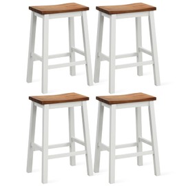 COSTWAY 24.5 Inch Bar Stools Set of 4, Solid Wood Saddle Stools w/Footrests, Industrial Counter Height Breakfast Stools for Kitchen Island, Dining Room, Living Room & Bar, Grey & Walnut