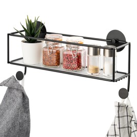 bremermann Wall Shelf with Two Hooks and Shelf, for Gluing or Drilling, Black, Includes Mounting Material