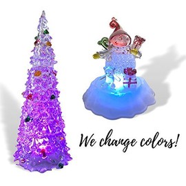 BANBERRY DESIGNS LED Christmas Tree and Snowman - Set of 2 Acrylic Xmas Table Top Holiday Decorations - Color Changing Winter Figurine