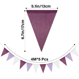 G2PLUS Purple White Burlap Triangle Bunting, 60PCS Reusable Waterproof Hessian Decorative Bunting, 20M Long, Perfect for Mother’s Day, Baby Shower, Wedding, Garden Decor
