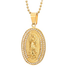 COOLSTEELANDBEYOND Men's Women's Gold Our Lady of Guadalupe Miraculous Medal Pendant Necklace Made of Stainless Steel with Zirconia, Stainless steel, metal, Cubic Zirconia
