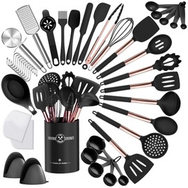 Umite Chef Silicone Kitchen Cooking Utensil Set, 43 pcs Silicone Kitchen Spatula Utensils Set with Rose Gold Stainless Steel Handle, Non-stick Heat Resistant - Best Kitchen Cookware Set-(Black)