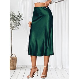 Koerye Women's Satin Skirt Midi Length Skirt A Line Skirt Elegant Silky Midi Skirt, Green, M