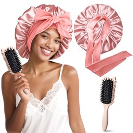 Satin Hood for Sleeping, Adjustable Silk Bonnet for Sleeping with Curl Comb, Sleep Cap, Silk with Elastic Band, Breathable Silk Bonnet, Satin Hair Cap for Curls and Long Hair (Apricot)