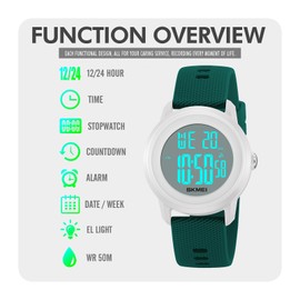 CakCity Digital Sports Watch for Women Men Waterproof Stopwatch Rubber Strap Wristwatch with Luminous Display, Alarm, Chime, EL Backlight, Countdown Unisex Outdoor Multifunction Watch（LakeGreen）