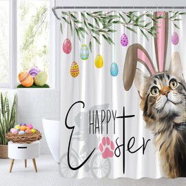 CCXTCZ Easter Shower Curtain Cute Bunny Cat Eggs Rabbit Spring Funny Fabric Bathroom Decor Curtains with Hooks,White