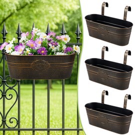 3 Pcs Large Balcony Planters Railing Hanging Flower Pots- 16.2 Inch Metal Railing Planter Box Fence Planters for Outdoor Plants with Detachable Hooks and Drain Holes for Garden Decor (Retro-3pcs)